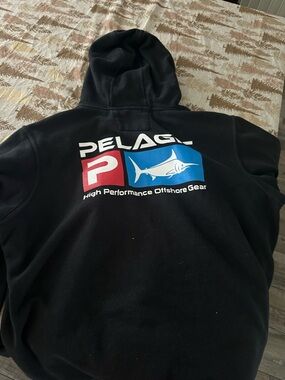 Pelagic Black Hoodie with Red and Blue Marlin Logo